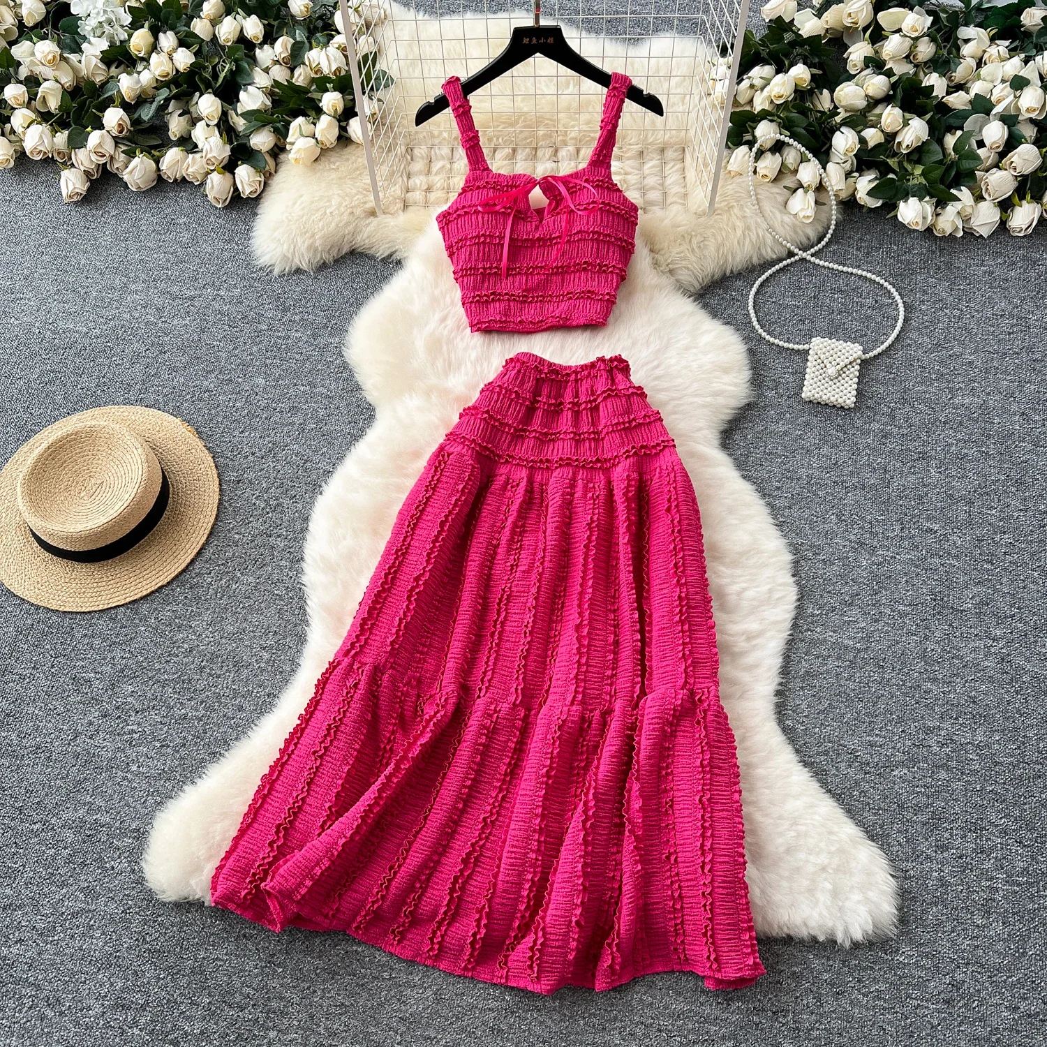 

New Summer Vacation Sweet 2pcs Sets Square Collar Lace Up Design Crop Tops+Ruched Skirt Women Solid Summer Ruffles Gentle Suits