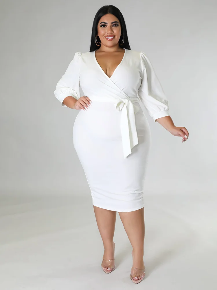 Wmstar Plus Size Dresses for Women Party Elegant Fall Clothes Solid V Neck with Sashes Midi Dress New Wholesale Dropshipping