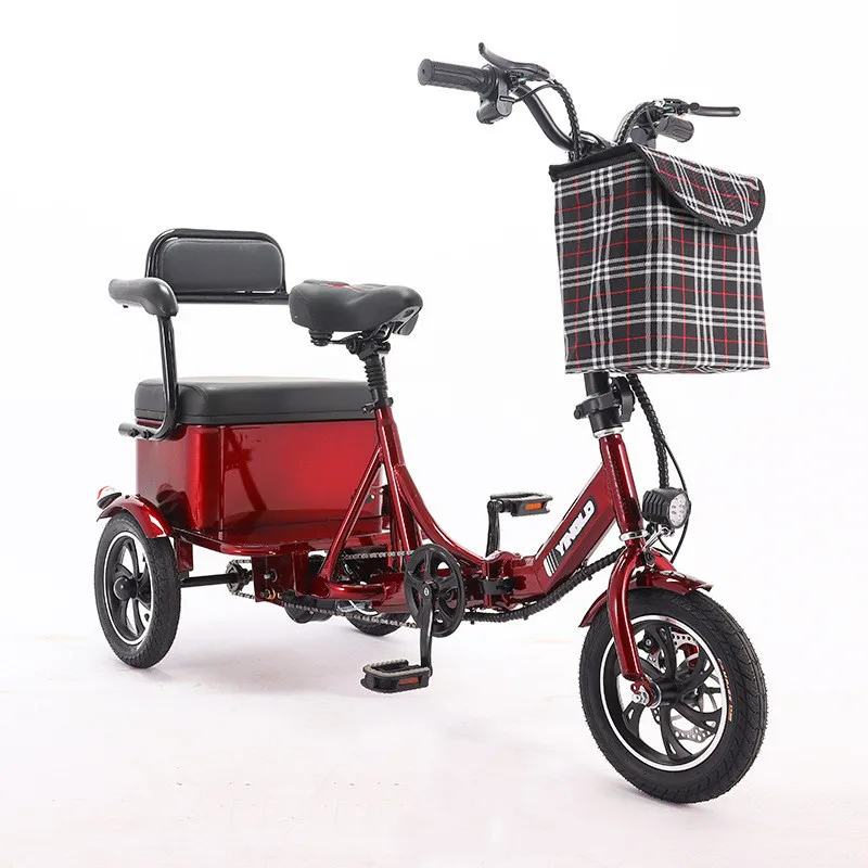 Triciclo eléctrico para mujer, bicicleta familiar de 48V, 350W, 12 pulgadas, asiento para 2 adultos con batería de litio extraíble, novedad de 2024