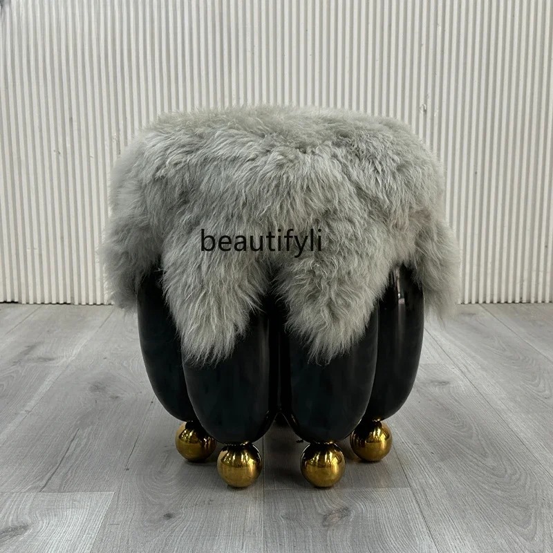 SS NewMinimalist Creative Bullet Plush Low Stool Modern Real Sheep Beach Fur Living Room Dressing Bench Shoe Change Stool