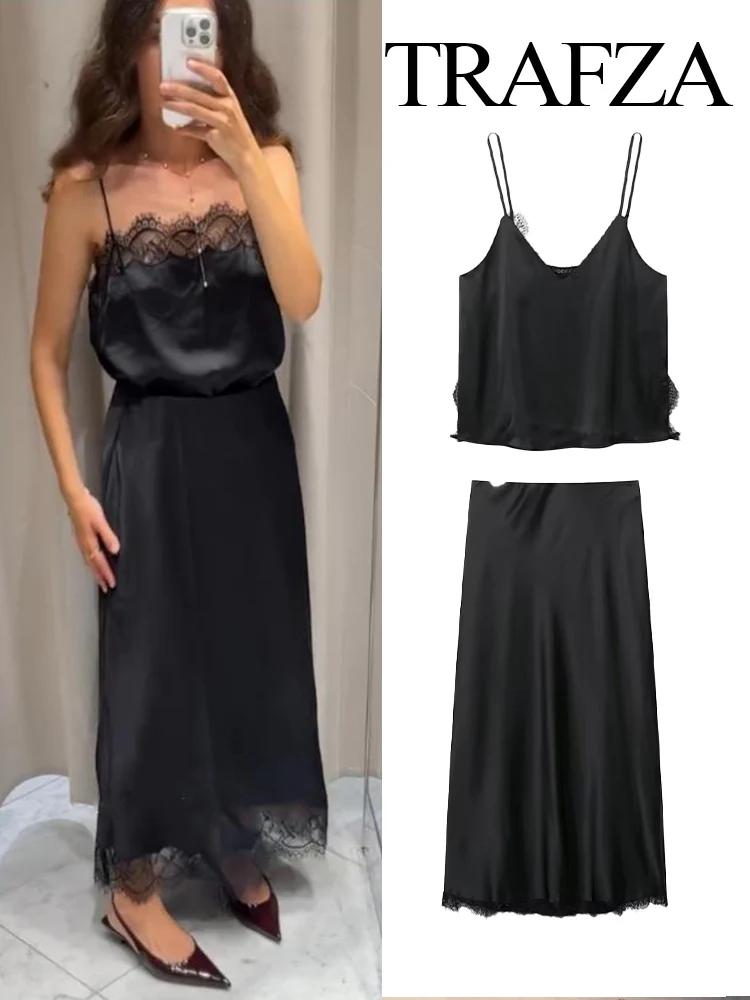 

TRAFZA Summer Women New Fashion Satin Texture Suit Sleeveless V-Neck Backless Short Sling Top+Lace Decoration Black Midi Skirt