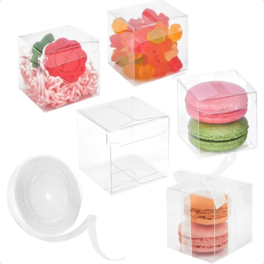 

Clear Favor Boxes Mini Transparent Cube Treat Boxes with Ribbons