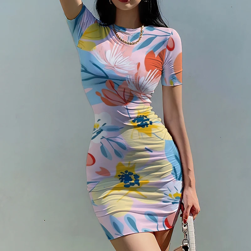 Vestido feminino fino estampado em flores 3D, estilo bonito para senhora, tendência da moda, verão, novo