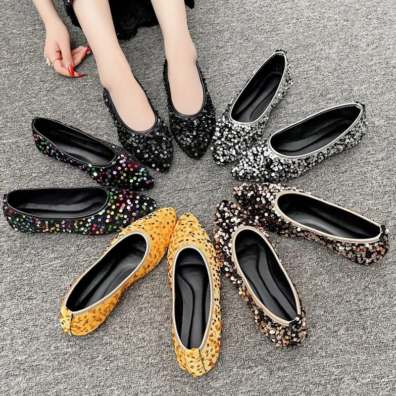 Shoes for Women Flats Comfortable Soft Soles Slip-on Casual Shoes Fashion Sequins Pointed-toe Pumps Shining Party Dress Shoes