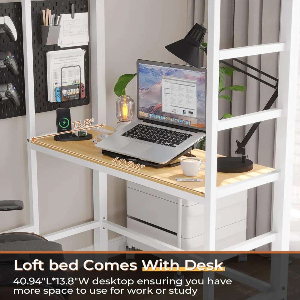 Metal Loft Bed with Desk and Charging Station with Led Lights,Storage Shelves and Drawers Twin Size Bed with Clothes Rail&Ladder