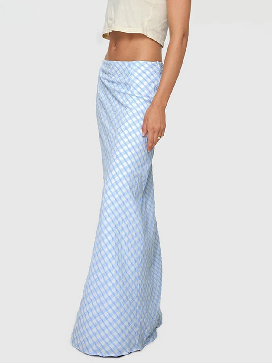 

Women s Spring Summer Long Skirt Sky Blue Slim Plaid Skirt for Travel Beach Shopping