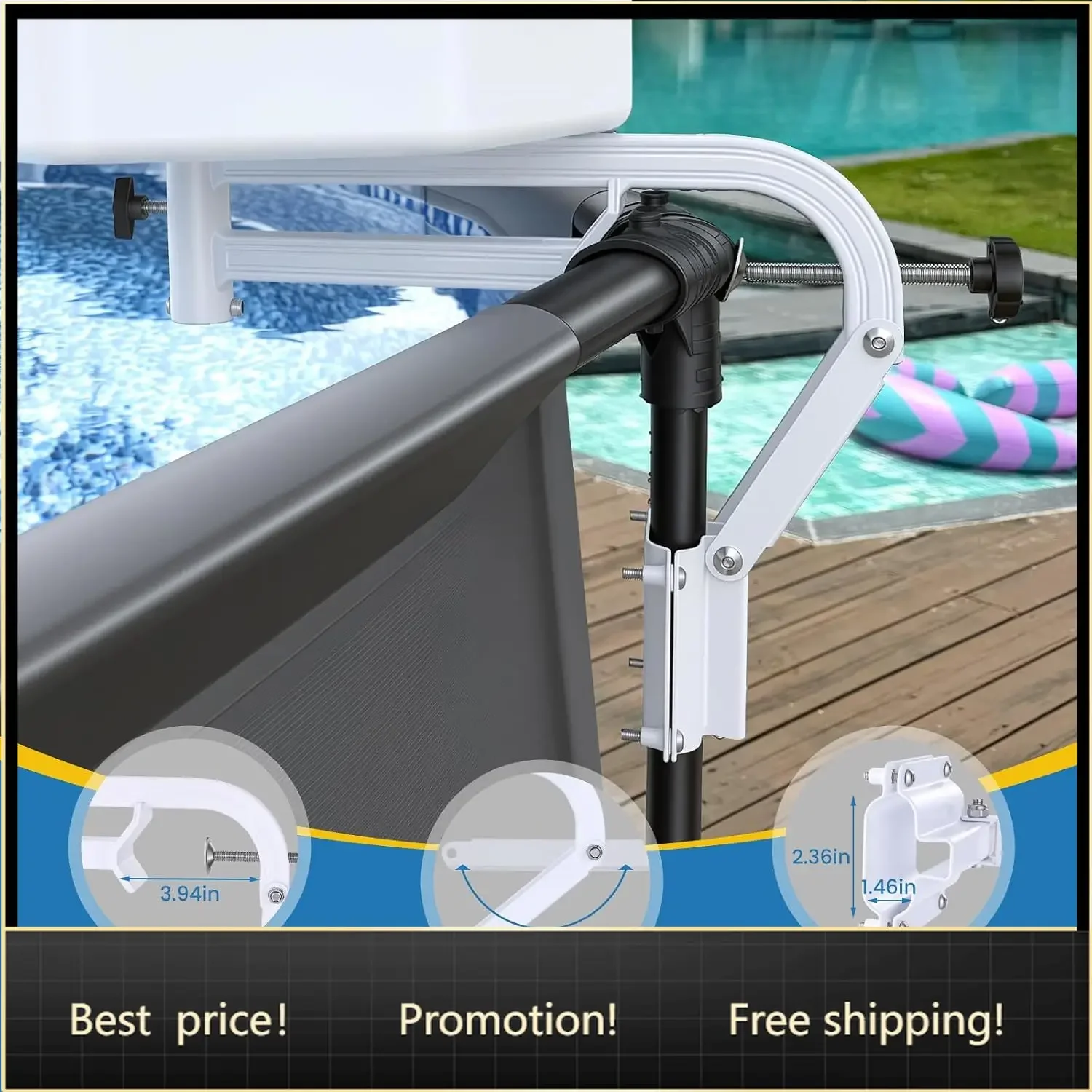 Brand new fast shippingBestsellerAbove Ground Pool Umbrella with Frame Clamp, 360° Swivel & Tilt | 5.7FT Poolside Sunshade Canop