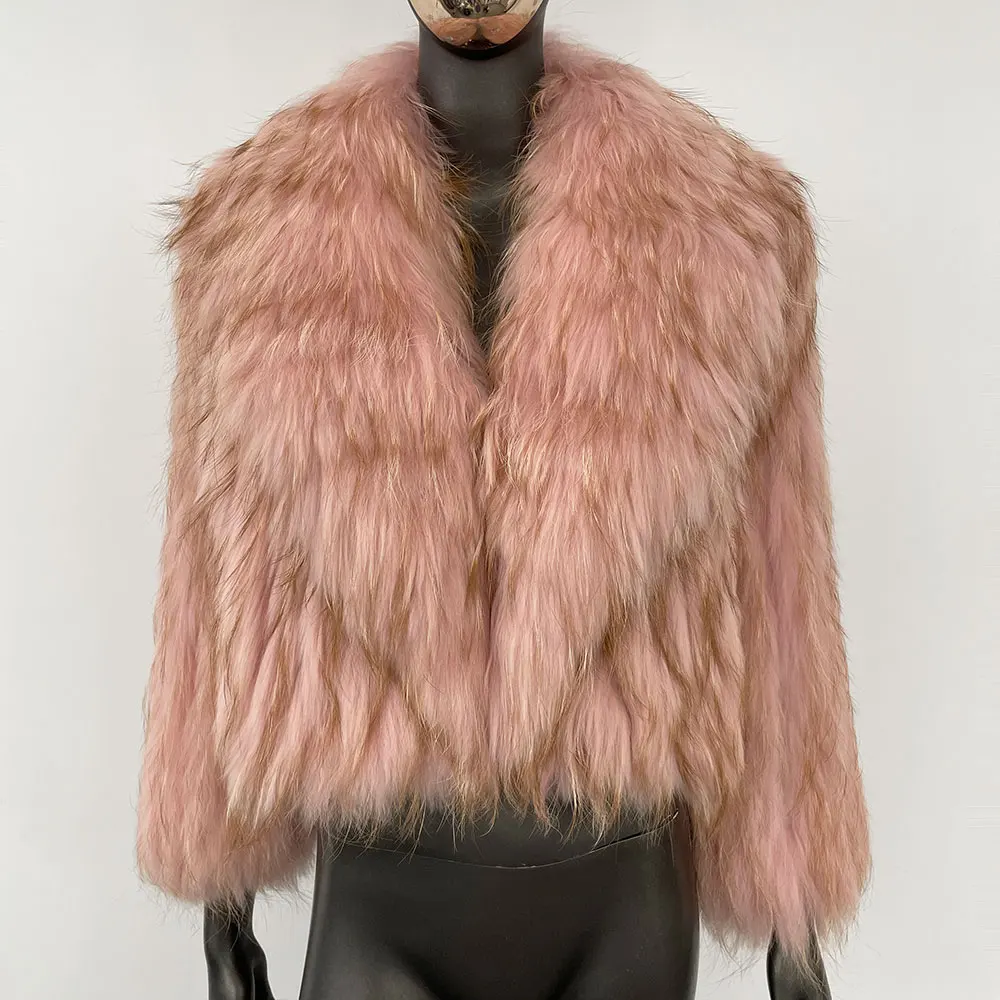 معطف شتوي بياقة من الفرو الطبيعي ملابس خارجية قصيرة جديدة منفوش فاخر من الفرو محبوك معطف نسائي من فراء الراكون الطبيعي الحقيقي