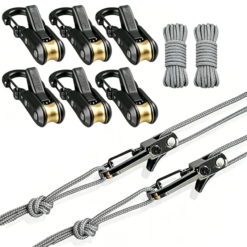 Rope Set with Roller Tensioner, Metal Pulley Camping Tent Securing Rope, Equipped with Safety Lock, Adjustable Rope Hook Fastene