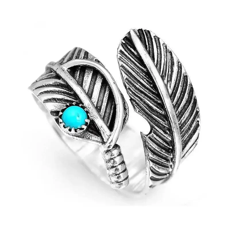 Anillo abierto de plata tailandesa para hombres y mujeres, pluma Retro, moda Turquesa