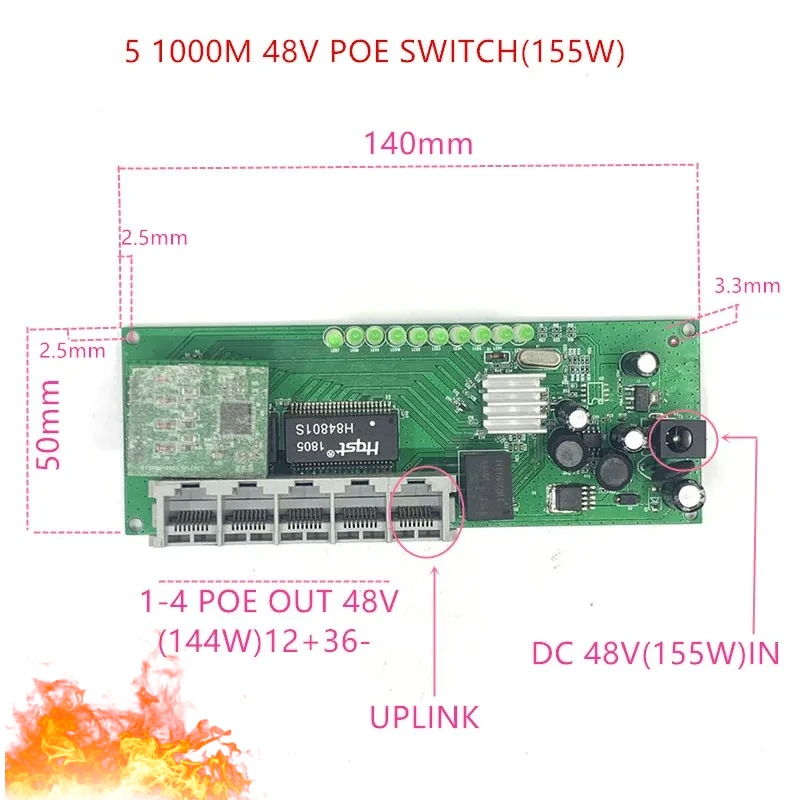 5 port mini poe Gigabit switch module 48V2A3A 96w-144w 3 port 10/100/1000M switch module PCBA Motherboard RJ45 POE switch