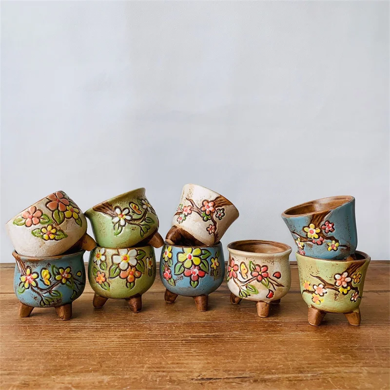 Retro Simple Fleshy Flower Pot Ceramic Hand-painted Fresh Thumb Pot Coarse Pottery Permeable Pot Living Desk Home Decoration