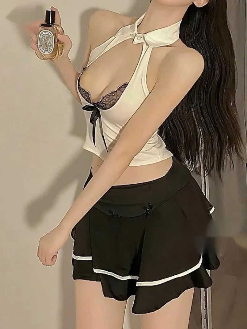 

Бархатные кружевные комплекты юбок для горничной Sexy Pure Desire с голыми ягодицами и бантом на спине, глубокий V-образный вырез, без рукавов, висячие комплекты юбок на шею, очаровательная MAMA