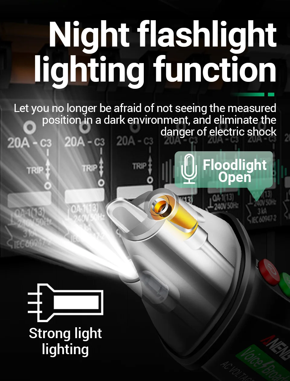 ANENG VC1019 Berührungsloser Spannungsprüfer mit Sprachausgabe 12-1000V AC Neutralleiter- und Spannungsleiter-Detektor mit Ton- und Lichtalarm sowie LED-Taschenlampe – Detail 9