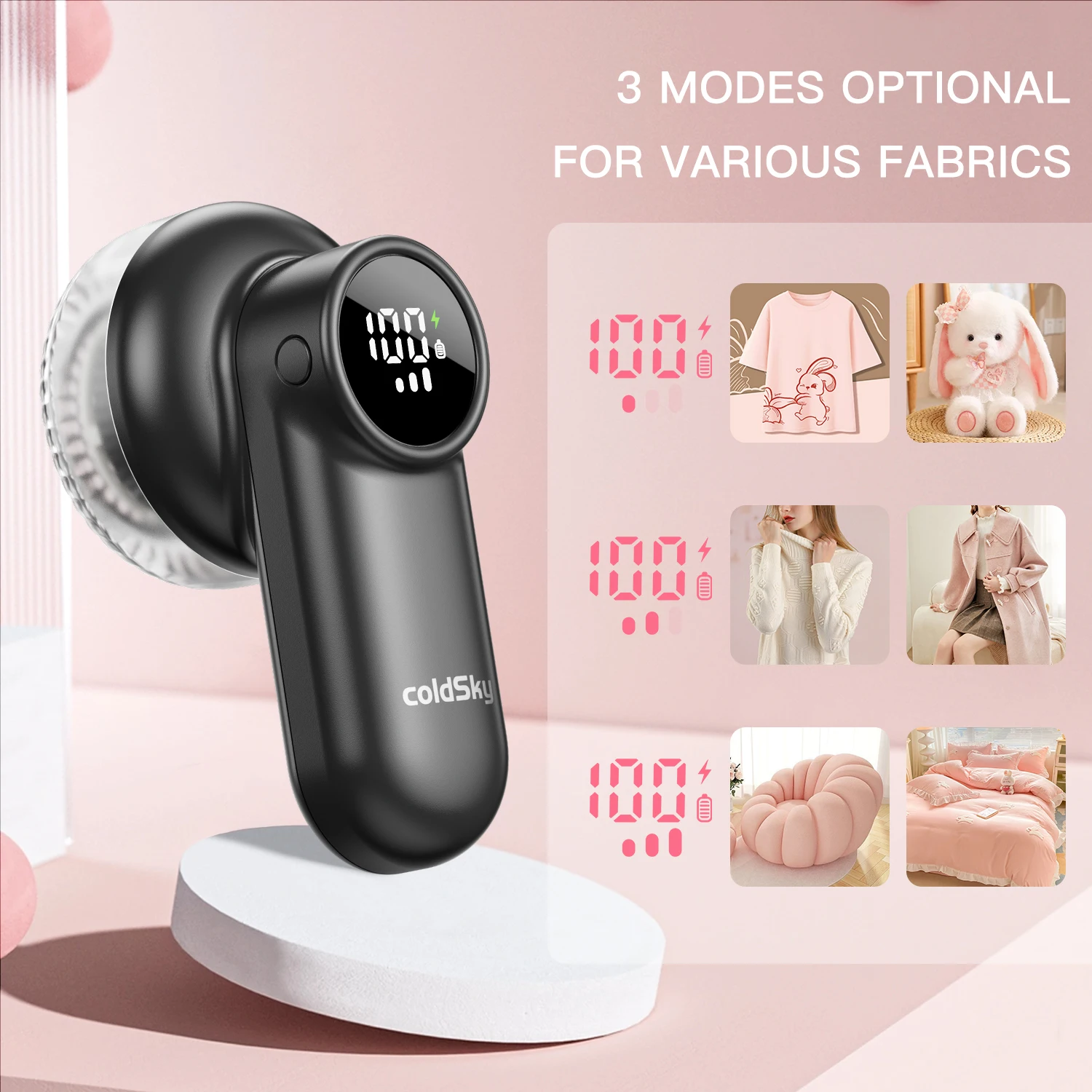 coldSky Rechargeable Lint Shaver with Digital Display Fabric Shaver Sweater Shaver 3-Speeds with 6-Leaf Blades for Clothes Sofa