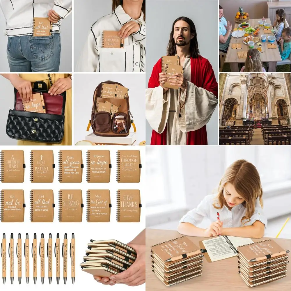 Cuadernos Espirales Pequeños con Líneas y Bolígrafos, 60 Sets para Regalos de Pascua, Grupos de Iglesia y Estudio Bíblico (4.13x5.43 pulgadas, Marrón)