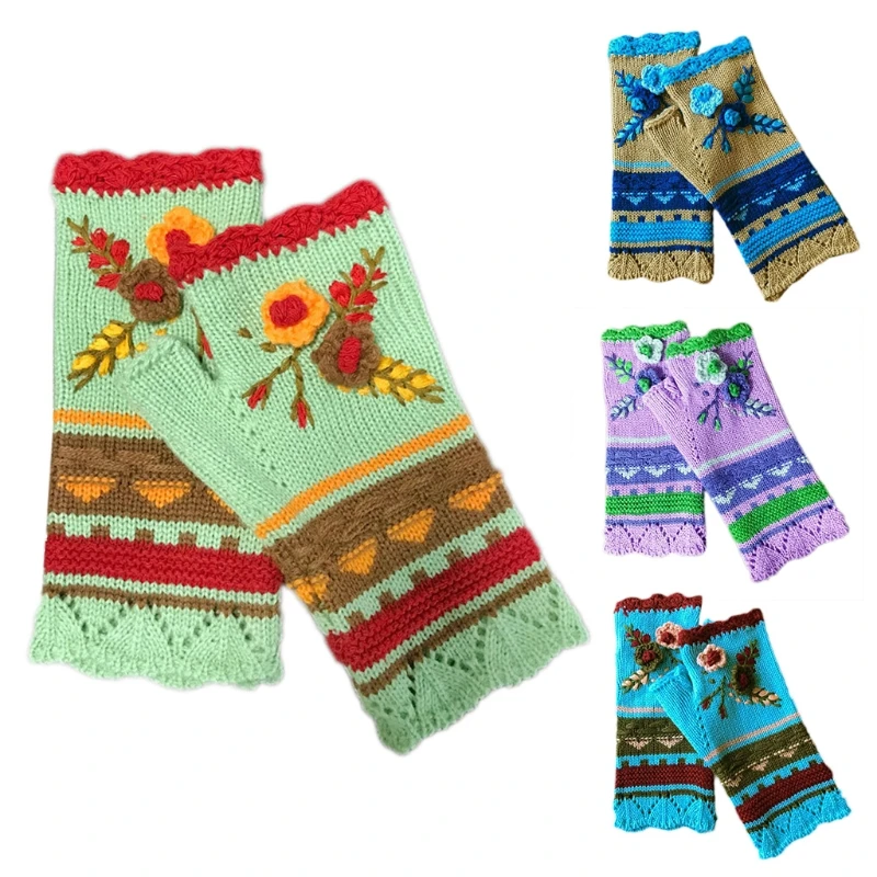 Women Winter Chunky Knit Texting Fingerless Gloves Ethnic Vintage Multicolor Striped Crochet Floral Thumb Hole Mittens