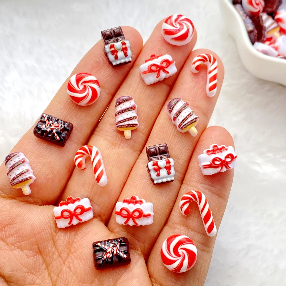 50Pcs Mini Christmas chocolate cookies, crutches Nail Art Flat back Rhinestone DIY Manicures Appliques Accessories Crafts