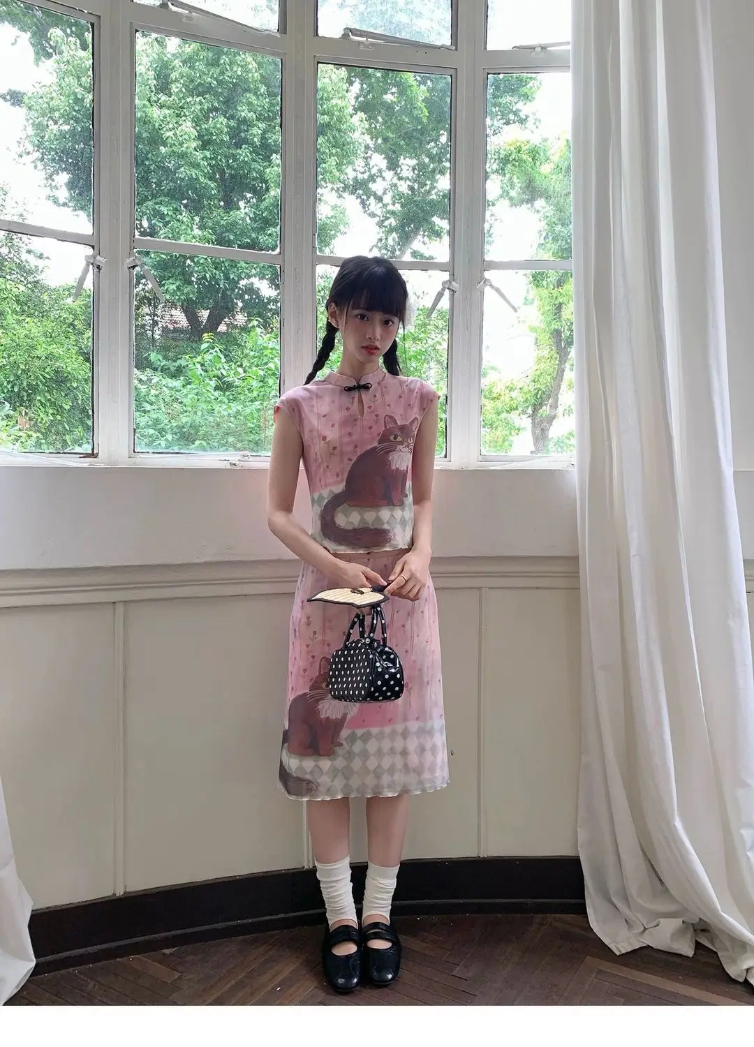 Women Y2K Cat Print Two Piece Set Pink Chinese Style Frog Button Top Midi Skirt Kawaii Harajuku Vintage Gothic Summer Outfit view 4