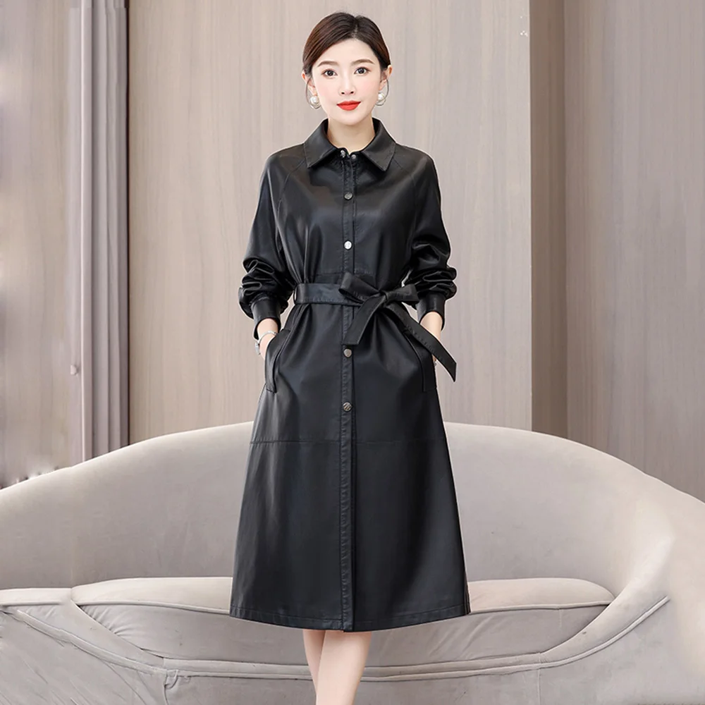 New Women Long Leather Coat Autumn Winter Fashion Turn-down Collar Single Breasted Casual Loose Split Leather Trench Coat