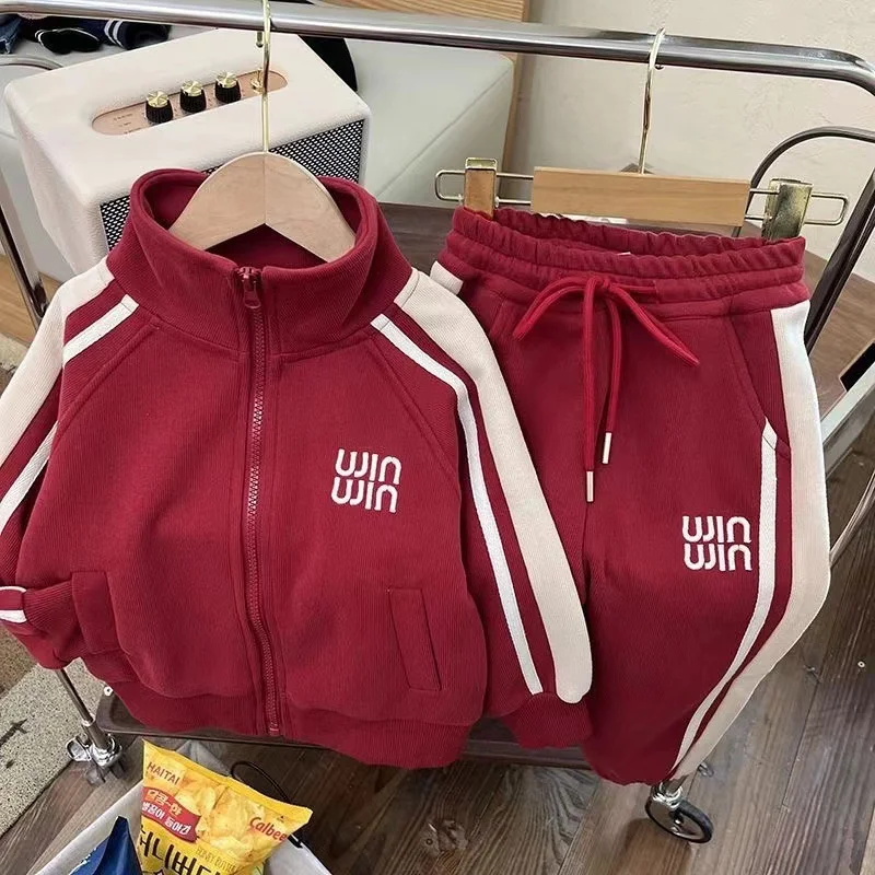 Boys Coat +Pants Kids Suits 2PCS/Set Cotton 2024 Red Wine Spring Autumn Cotton Tracksuits Sport Christmas Gift Children Clothing