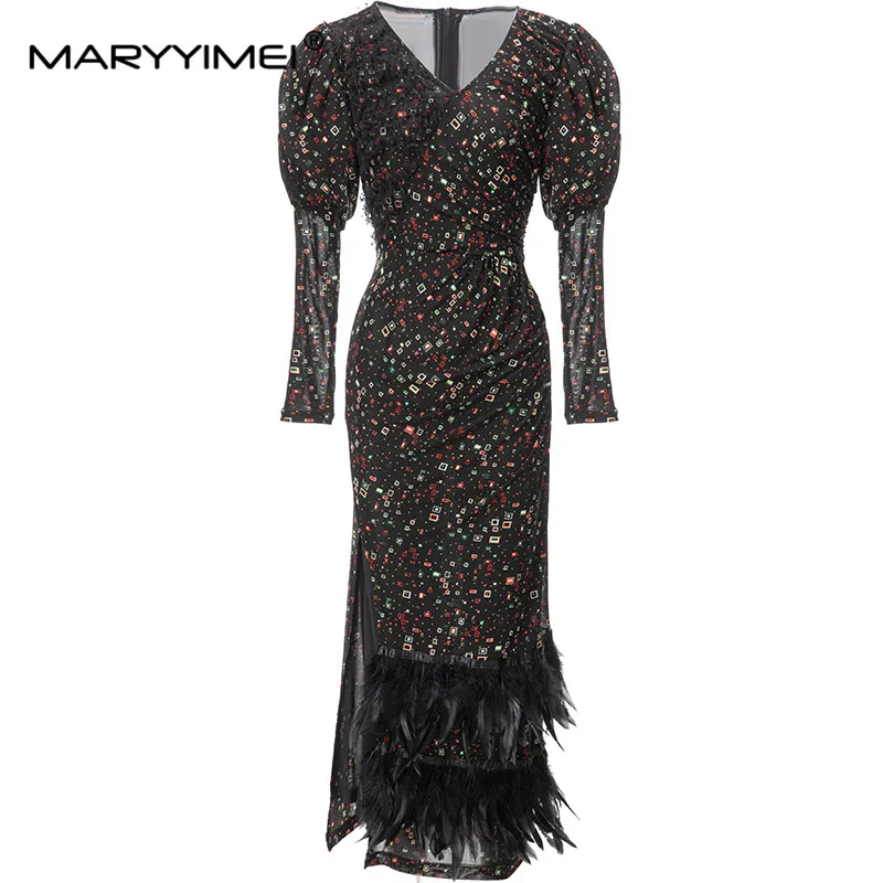 

MARYYIMEI High Street Runway Fashion Designer Dress Women's V-Neck Puff Sleeves Rectangular Printed Feather Slim Split Dresses