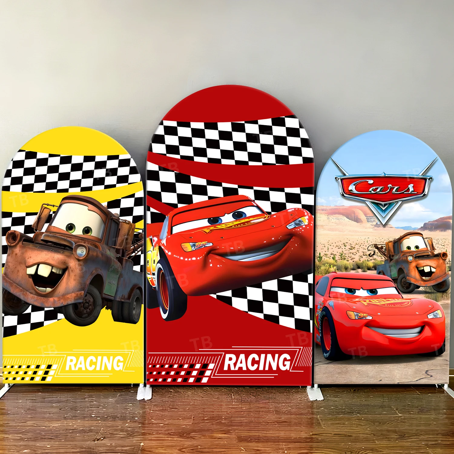 

TB Toy Story Lightning McQueen Arch Backdrop Cover for Boy Birthday Party Baby Shower Decor Photo Background Wall Elastic Fabric