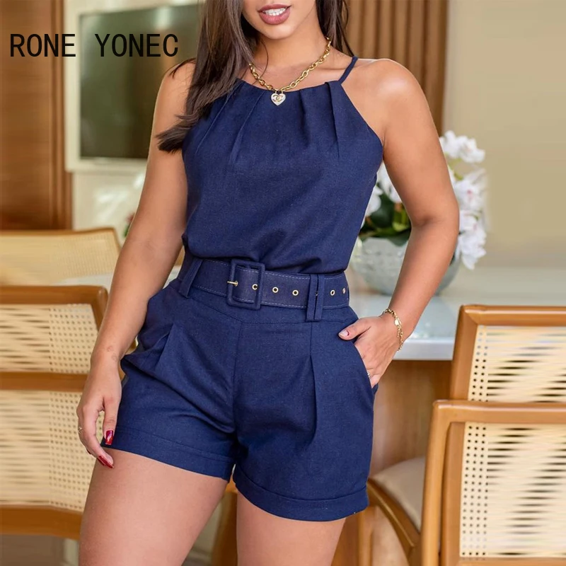 Women Halter Sleeveless Top & Shorts with Belts Summer Vacation Suit