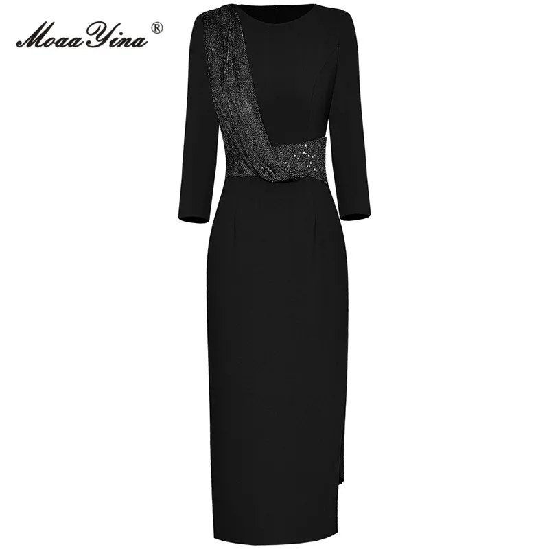 

MoaaYina Spring Fashion Designer Black Vintage Party Dress Women O Neck Long Sleeve Sequins Package Buttock Slit Slim Long Dress