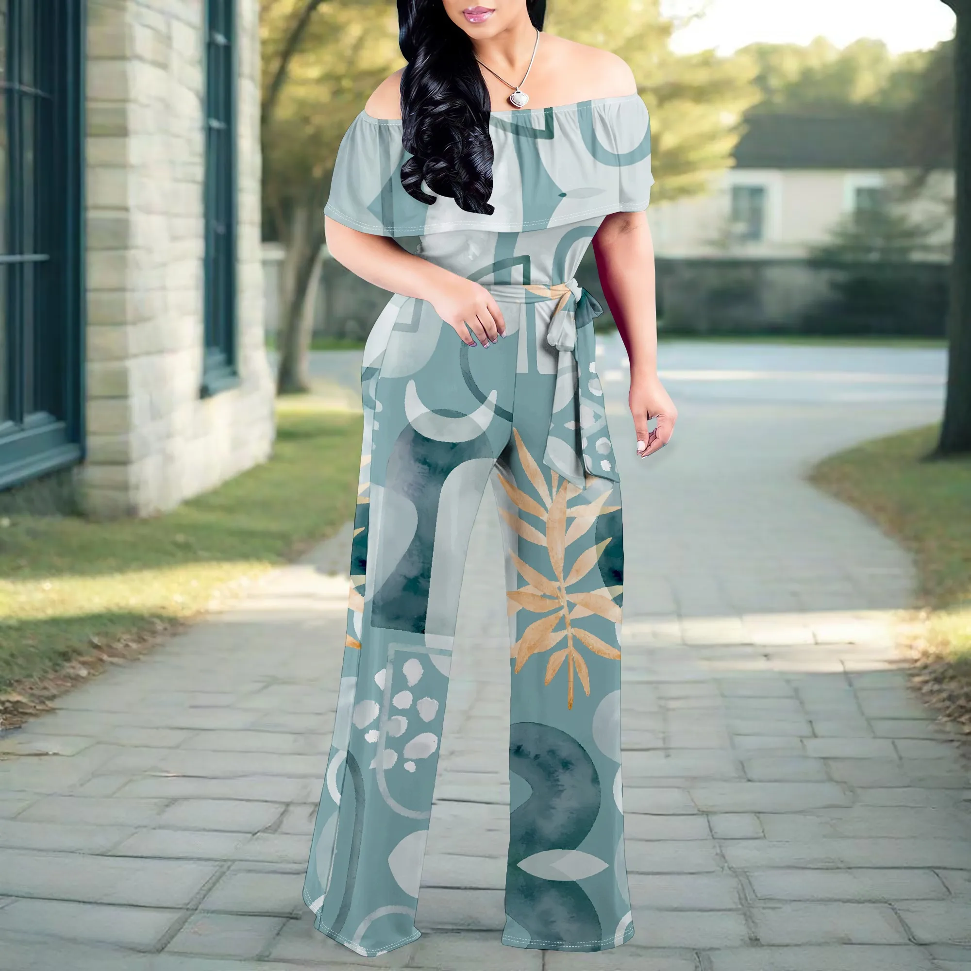 Boho Off Shoulder Jumpsuit for Women Multicolor Stripe Print Wide Leg Romper Festival Beachwear Style