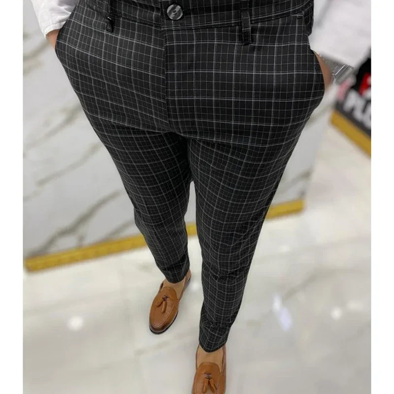 

2024 Spring Mens White Plaid Striped Pants Office Formal Business Casual Trousers Fashion Slim Fit Straight Clothes Streetwear