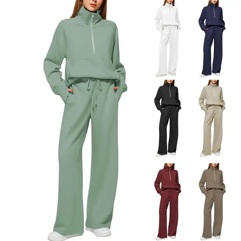 

Women's Oversized Half Zipper Sports Shirt Wide Leg Pants Three Piece Set Long Sleeve Pure Color Winter Fashion Outfit