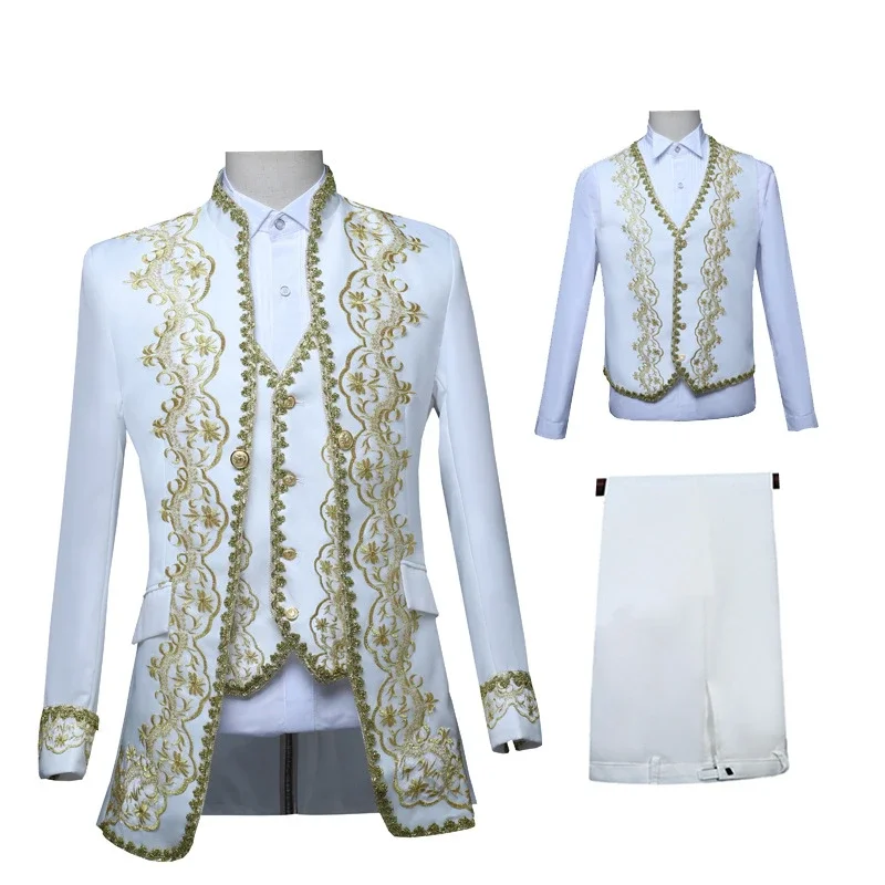 

White Men's Suit 3 Piece Set, European Gold Vintage Tuxedo, Black Opera,Stage Performance Costume.Asian Size S-4XL