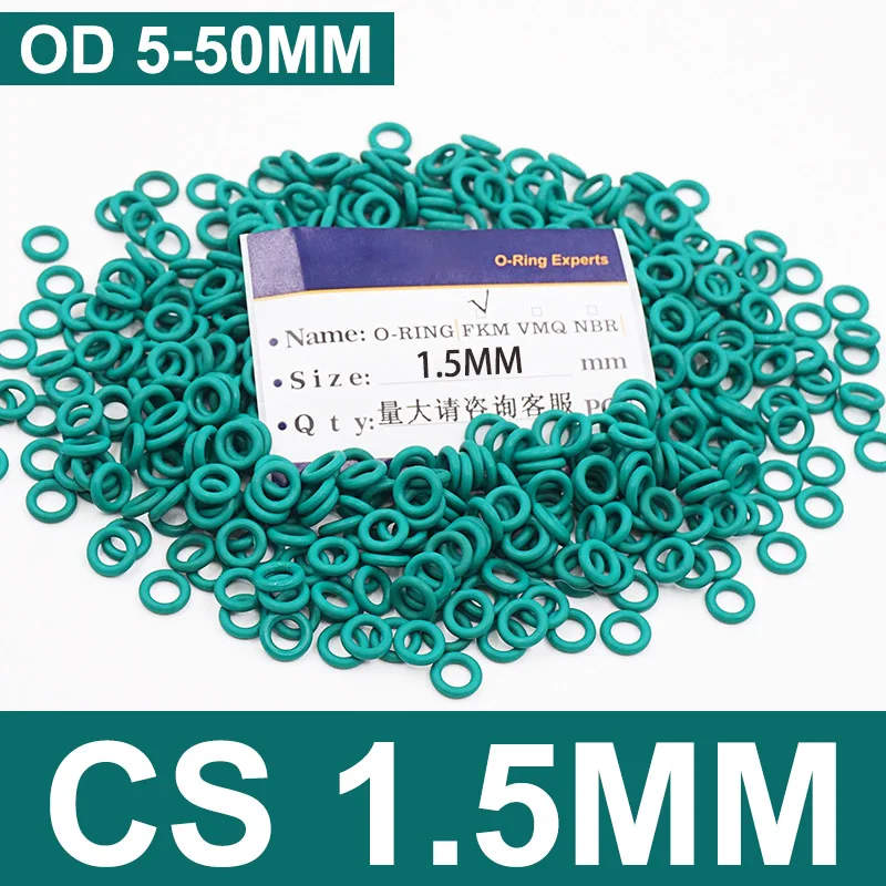 

1-100pcs OD 5mm-50mm CS 1.5mm Thickness Green FKM Fluorine O Ring Food Grade Waterproof Washer Rubber Insulate Round Seal Gasket