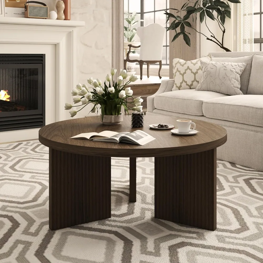 

Wooden Round Coffee Table, 35 Coffee Table with Smooth Thick Mesa, Low Circle Center Table with X Shaped Stable Legs, Accent Tea