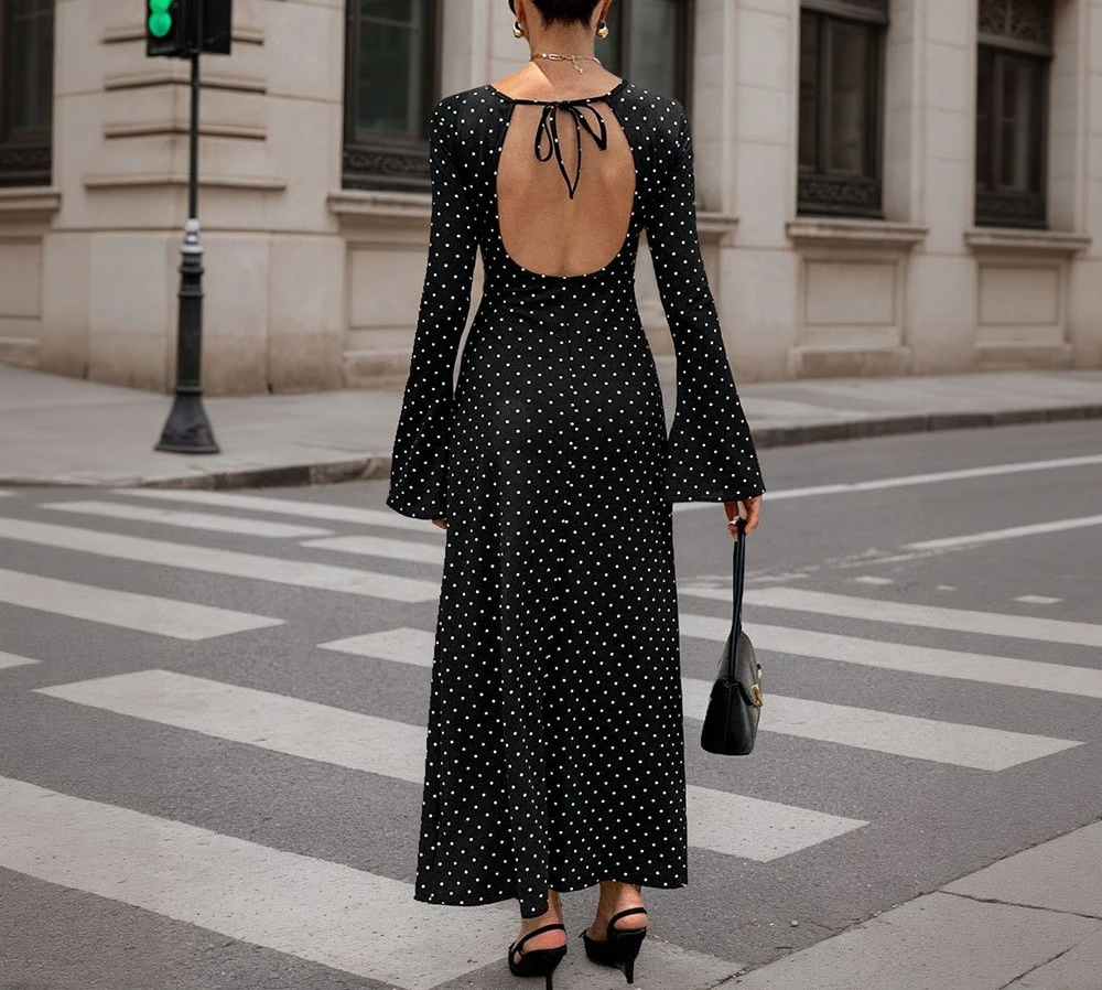Abito celebrità nero a pois Abito lungo da donna con lacci sul retro sottile a maniche lunghe autunno e inverno