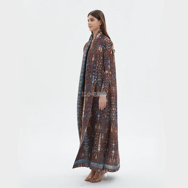 ALSEY Miyake Pleated Arab New Robe Retro Printing Loose Plus Size Long Trench Coat Nine-minute Sleeve Cardigan 2024 Summer