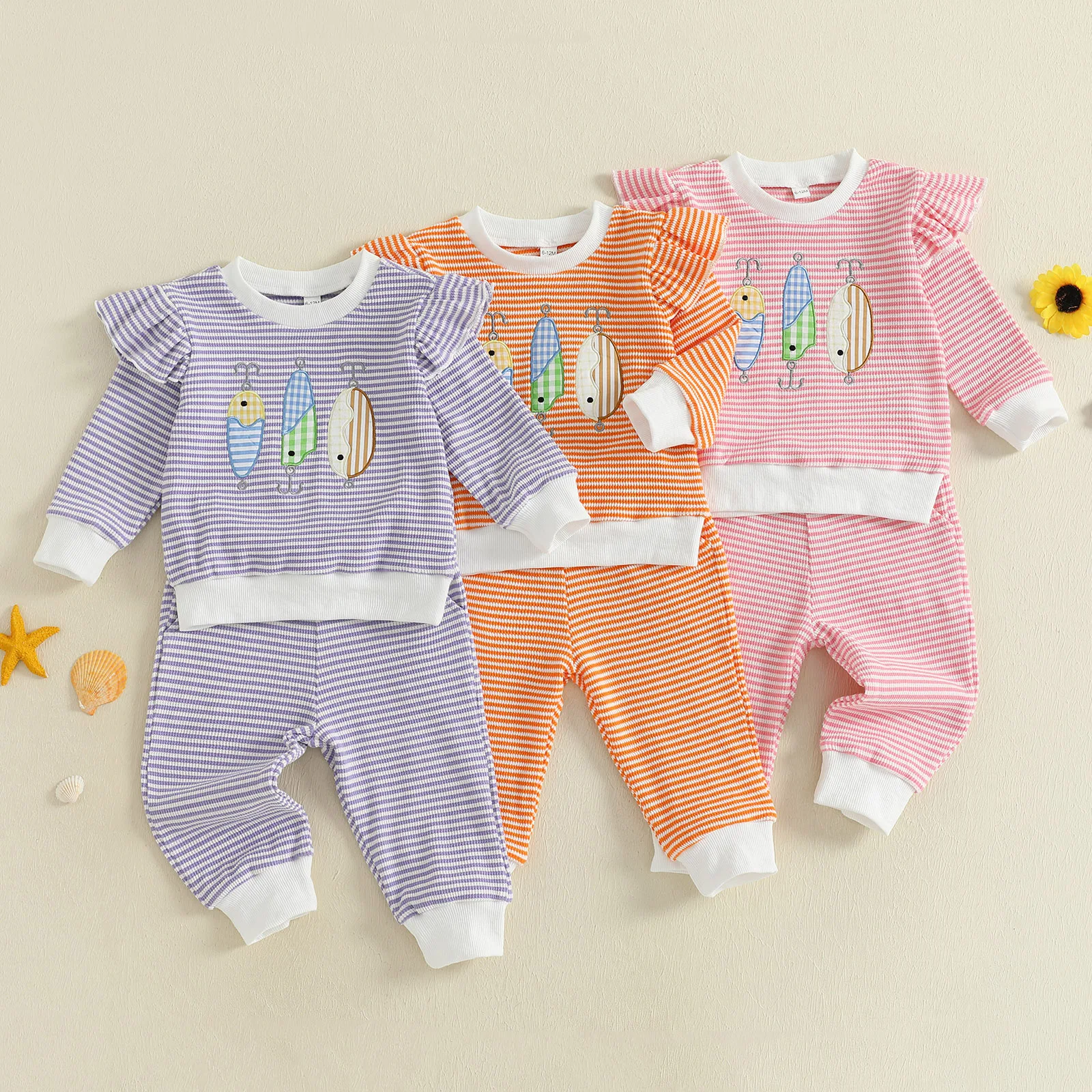 

2025-06-25 Lioraitiin Toddler Baby Girls Autumn Pants Sets Fish Bait Embroidery Long Sleeve Striped Tops Pants Set