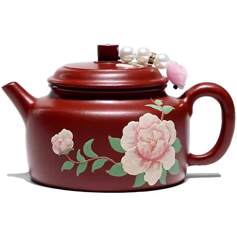 [Not Ordinary Teapot]Yixing Exquisite Original Mineral Purple Teapot, Handmade Tea Brewing Pot, Clay-Painted Peony, Zhu Clay