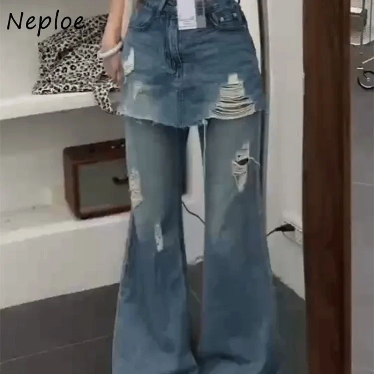 Neploe High Street Fake Two Piece Hole Jeans for Women Y2k Low-waisted Denim Pants 2025 Summer New Loose Wide Leg Pants