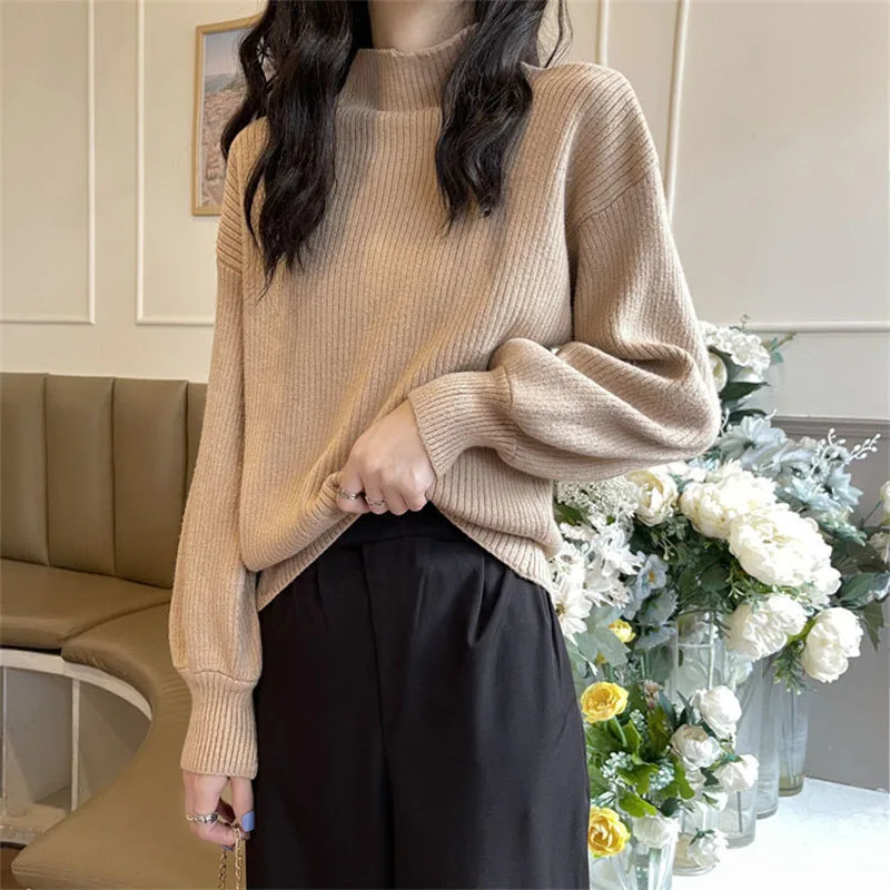 

2023 New Autumn Winter Fashion Women Sweater Striped Half High Neck Pullover Sweater Casual Loose Elegant Knit Underlay Sweater