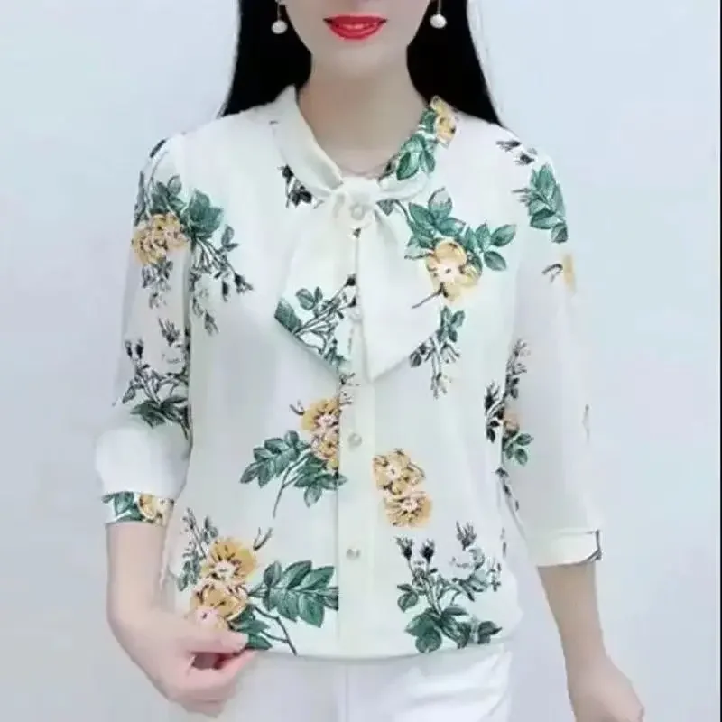 

Elegant Fashion Commuter Office Lady Shirt Women Print Chic Round Collar Loose Casual Bow Button Three Quarter Sleeve Top P248