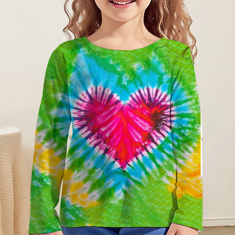 Love Tie Dye Vortex Girl's Clothes For Kids Tshirt From 8 To 12 Years Child Clothing T-Shirt Long Sleeve Tops Teenagers Autumn