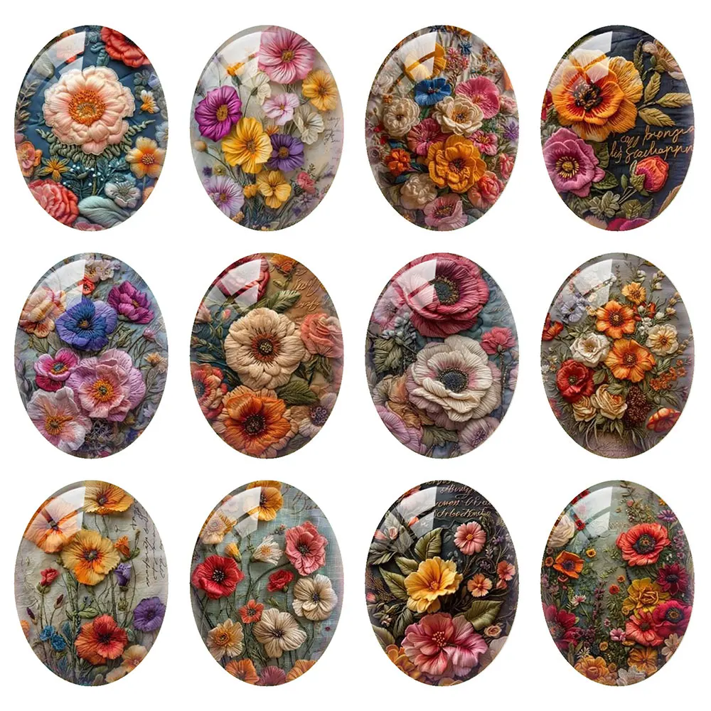Random Mixed Round/Oval/Square Embroidery Retro Flowers Paeonia Photo Glass Cabochon Flatback Demo Cameo For Diy Jewelry Making