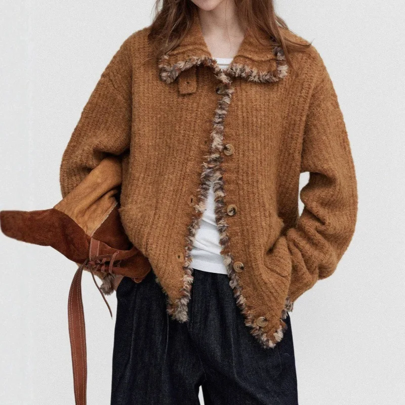 2026 Autumn/Winter New Korean Pumpkin Collar Knitted Open Woolen Sweater Thick Edge Loose Warm Loose Sweater  Knitted Cardigan