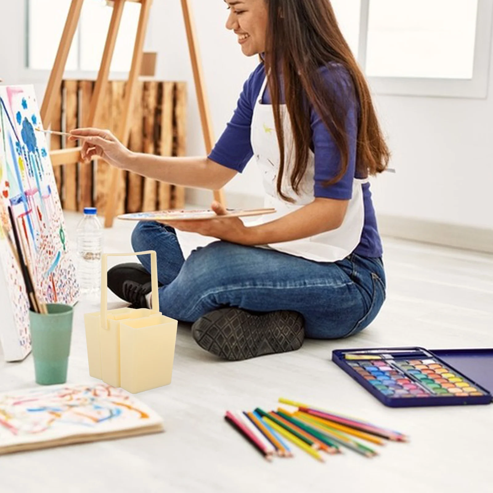 

1Set Hand Carry Brush Washing Bucket Detachable 3 Compartment Portable Paint Pen Cleaner Art Supplies for Home School Class Use