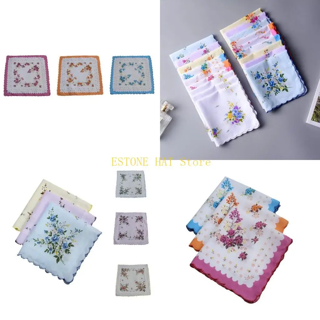 49MF 3x Assorted Floral Print Cotton Handkerchiefs Ladies Hankies Pocket Square