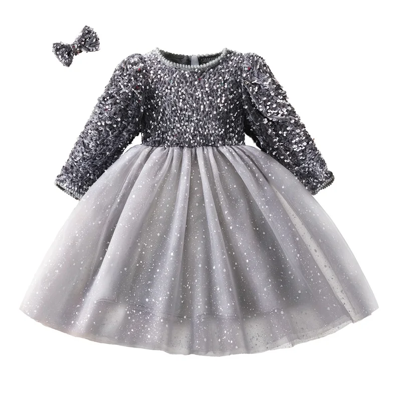 Girls Sequin Mesh Fluffy Dress Kids Red Christmas Dresses Children Long Sleeve Autumn Winter Princess Birthday Party Costume