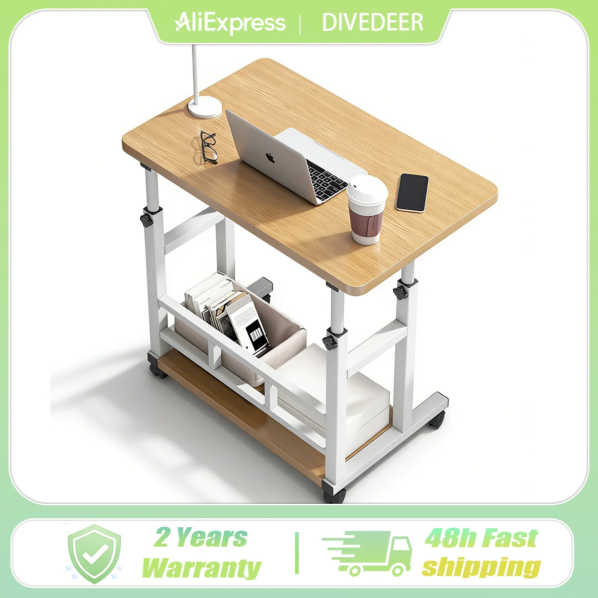 DIVEDEER 80x40 ウォールナット仕上げ 高さ調節可能 ベッドサイドテーブル 学生用 ホームスタディデスク ミニマリスト寝室用 コンピューターデスク