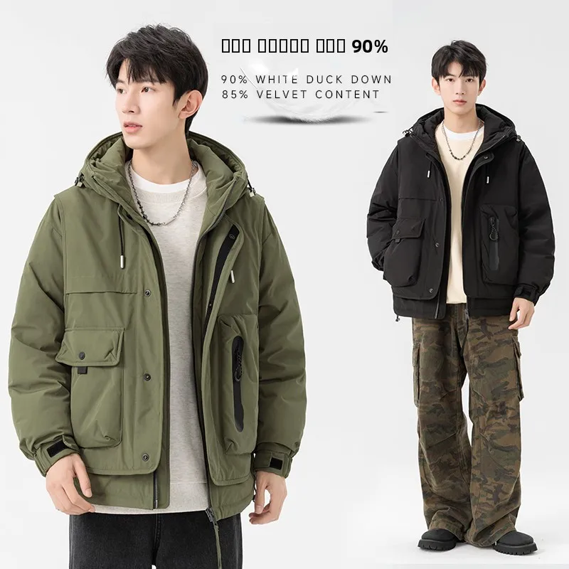 

Новая зимняя мужская куртка-пуховик с капюшоном, белая, из натурального пуха, молодежная, в университетском стиле, для города, повседневная, для альпинизма и катания на лыжах, теплая